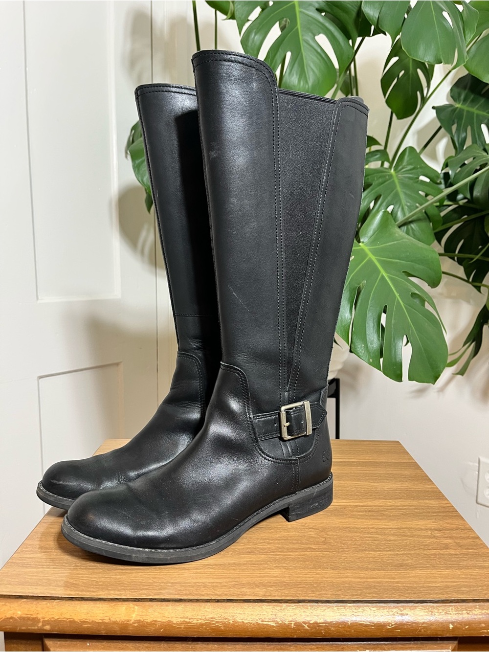Timberland A124T Black Women's Leather Tall Riding Low Heel Side Zip Boots 8.5